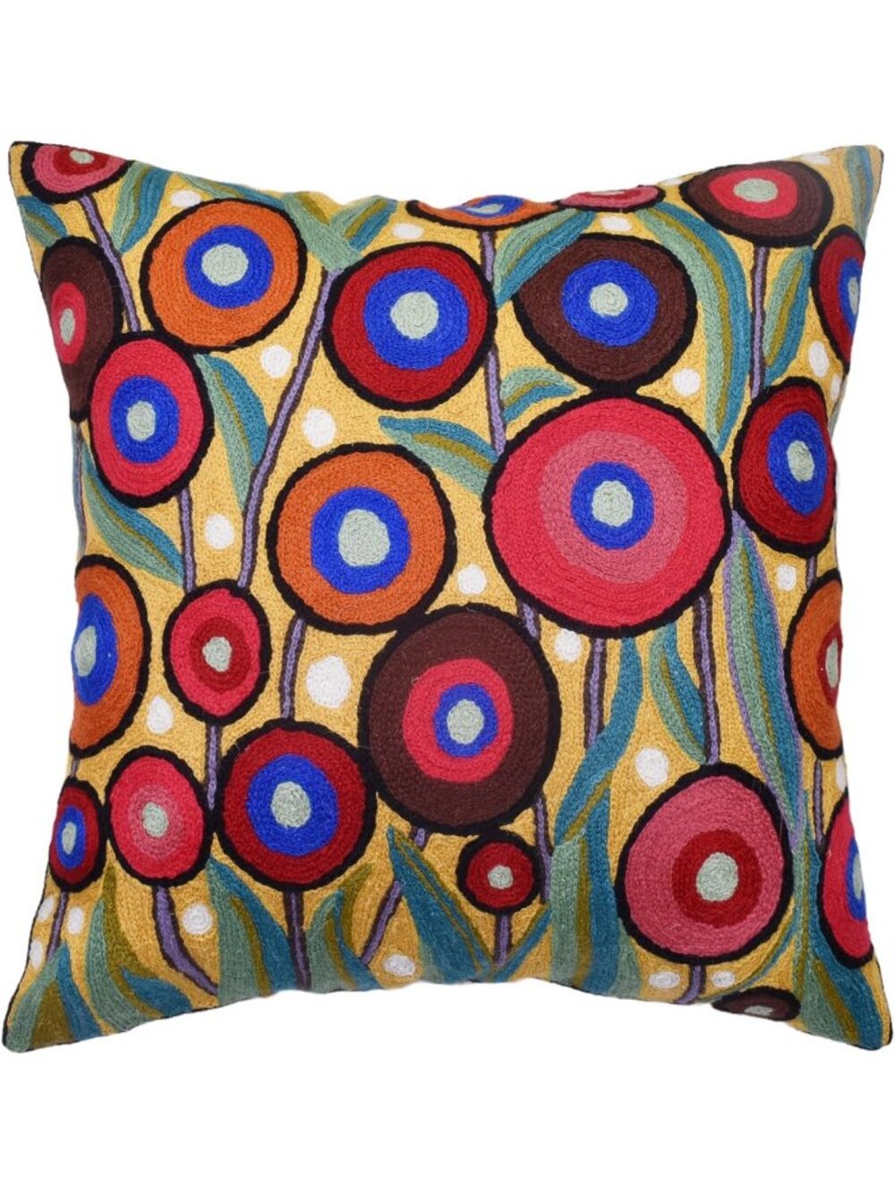 Vibrant Yellow Floral Pillow Cover - Hand Embroidered 18x18 Outdoor Cushion